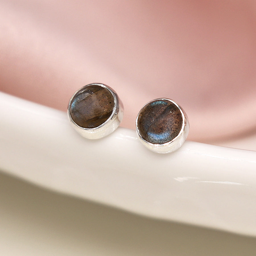 Sterling Silver Round 5mm Labradorite Cab Stud Earrings