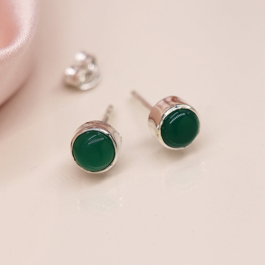 Sterling Silver 6mm Green Onyx Cab Round Stud Earrings