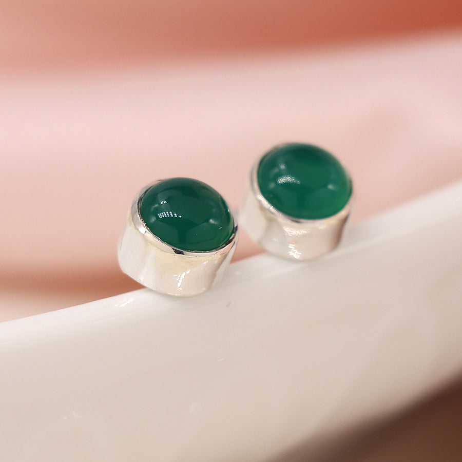 Sterling Silver 6mm Green Onyx Cab Round Stud Earrings