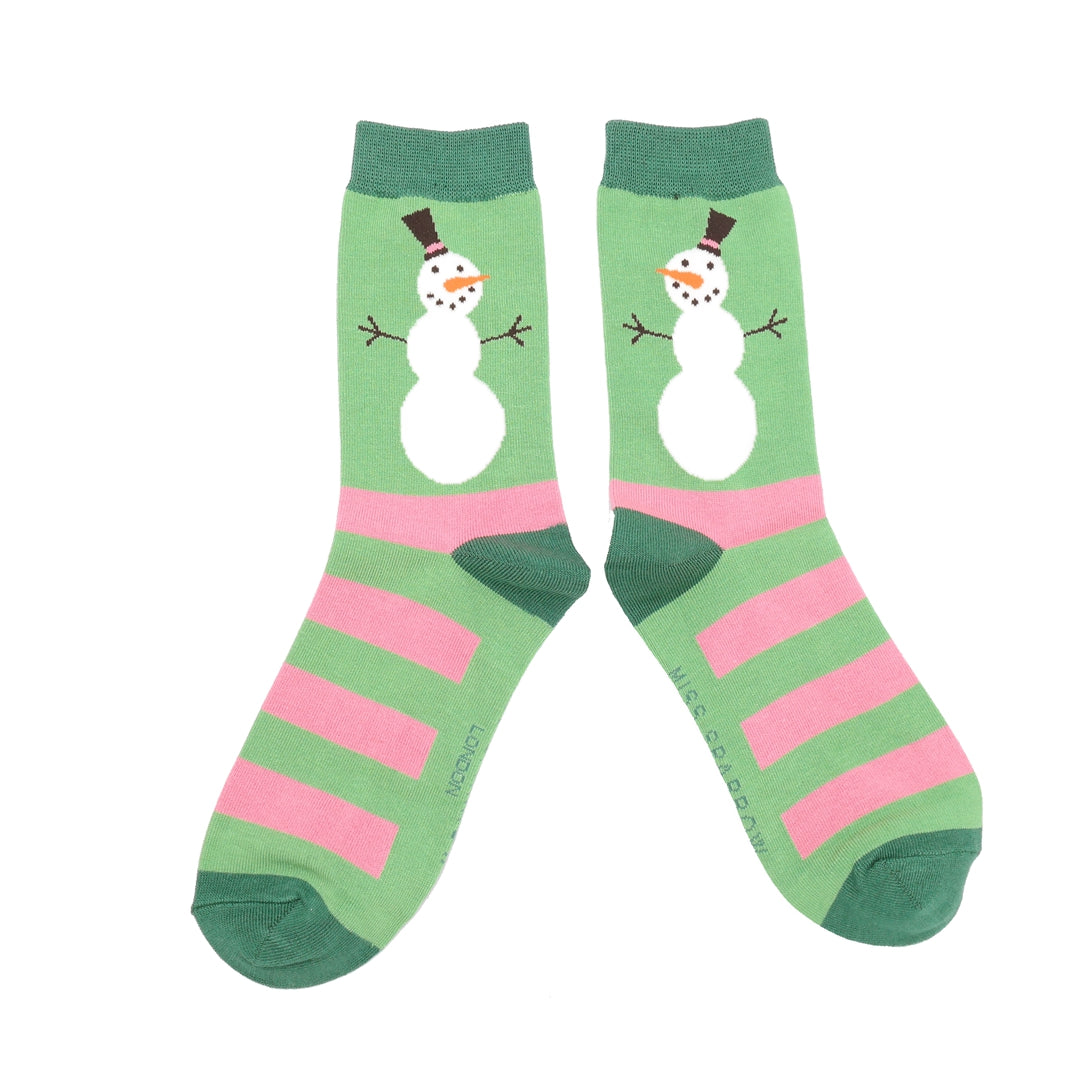 Miss Sparrow Snowmen Stripes Green