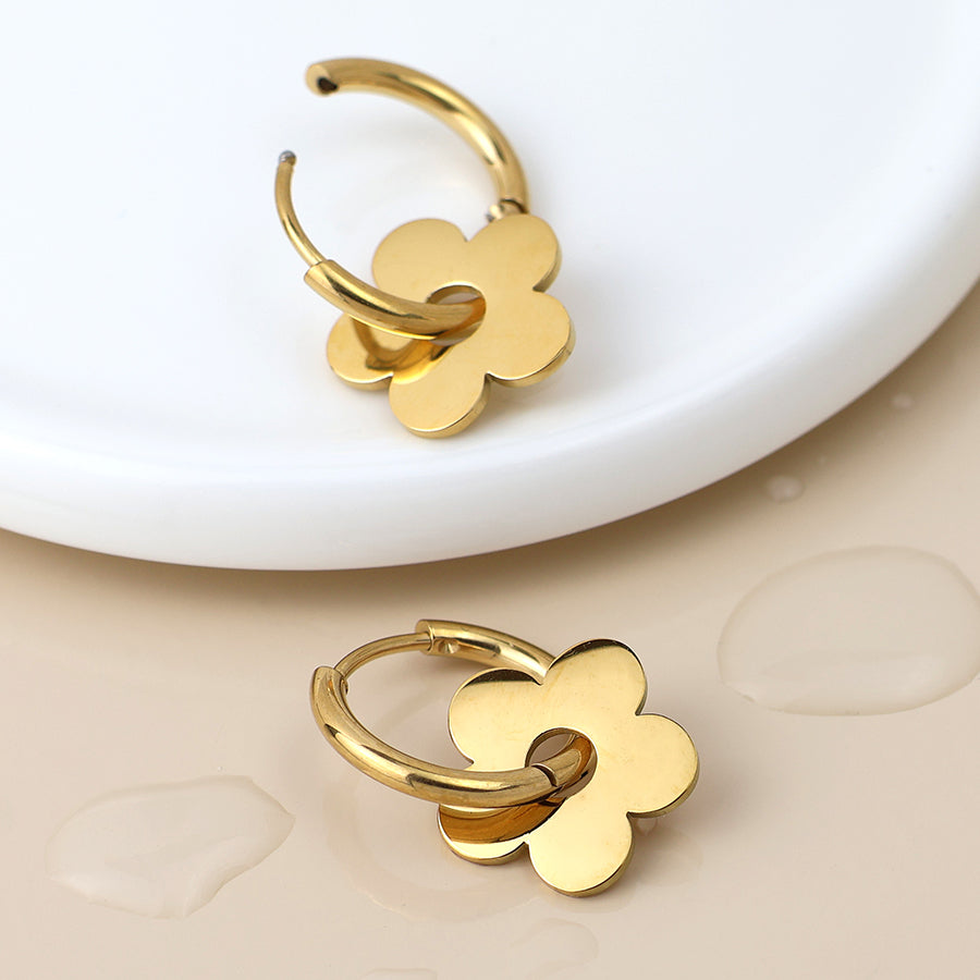 POM - Waterproof Gold Plated Hoop & Retro Flower Earrings