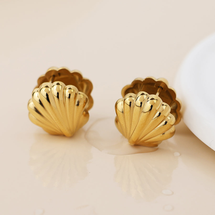 POM - Waterproof Gold Plated Clam Shell Earrings