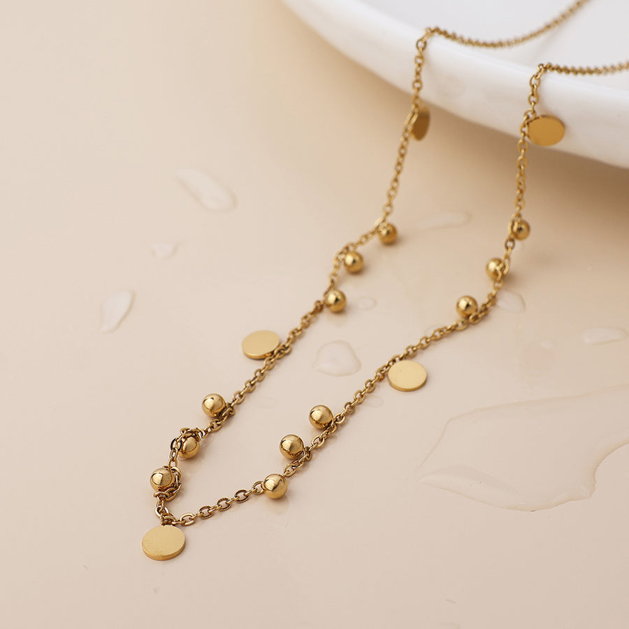 POM - Waterproof Gold Plated Bead & Disc Charm Necklace