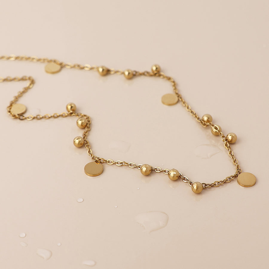 POM - Waterproof Gold Plated Bead & Disc Charm Necklace