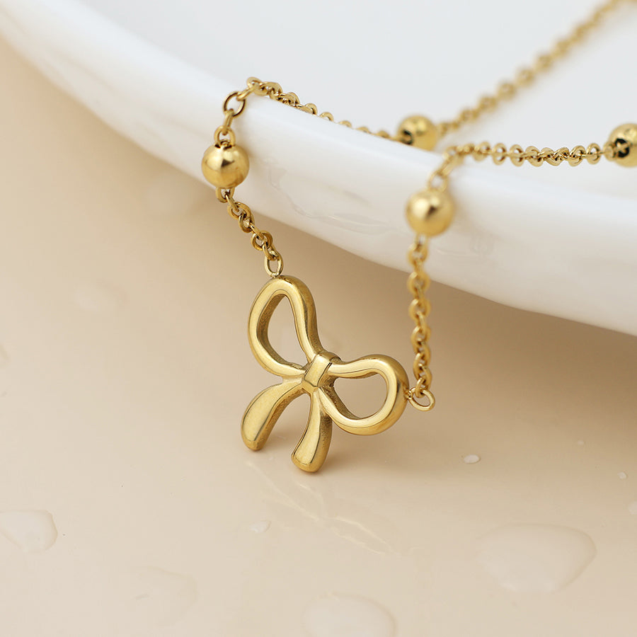 POM - Waterproof Gold Plated Bead Chain & Bow Necklace