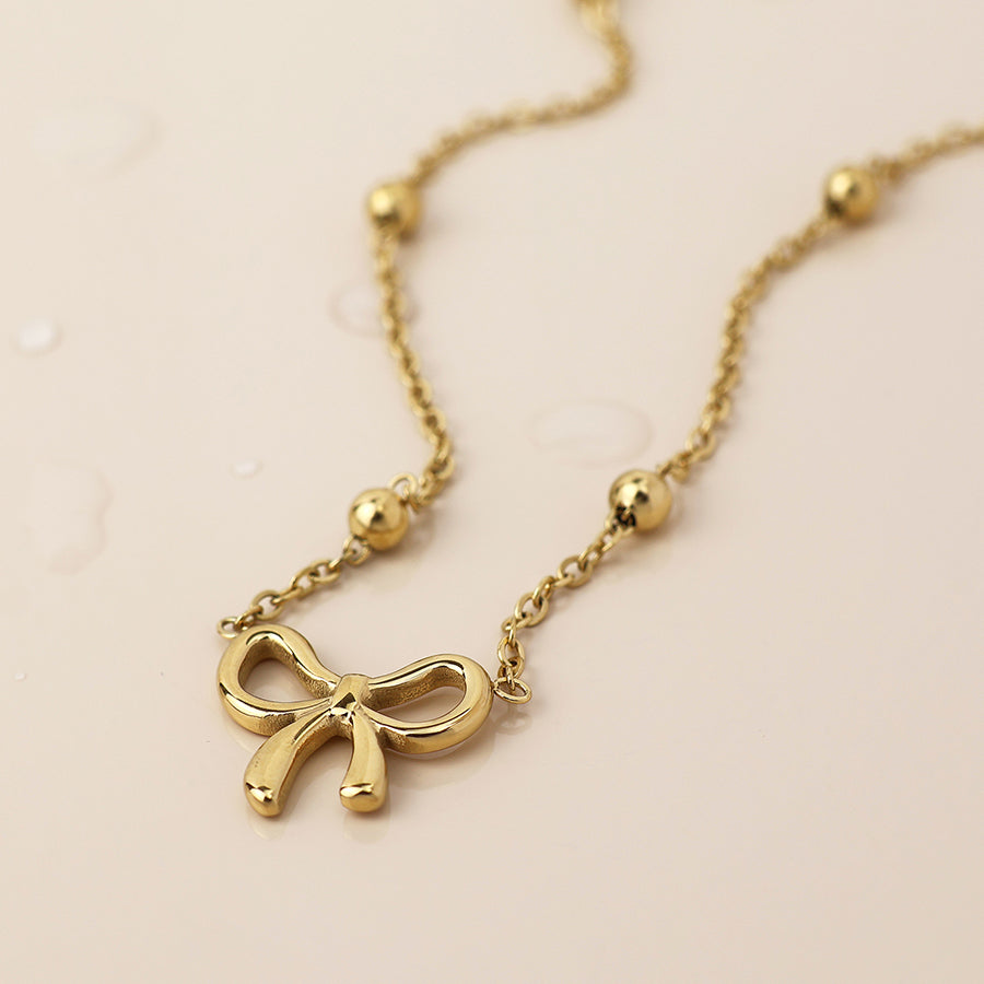 POM - Waterproof Gold Plated Bead Chain & Bow Necklace