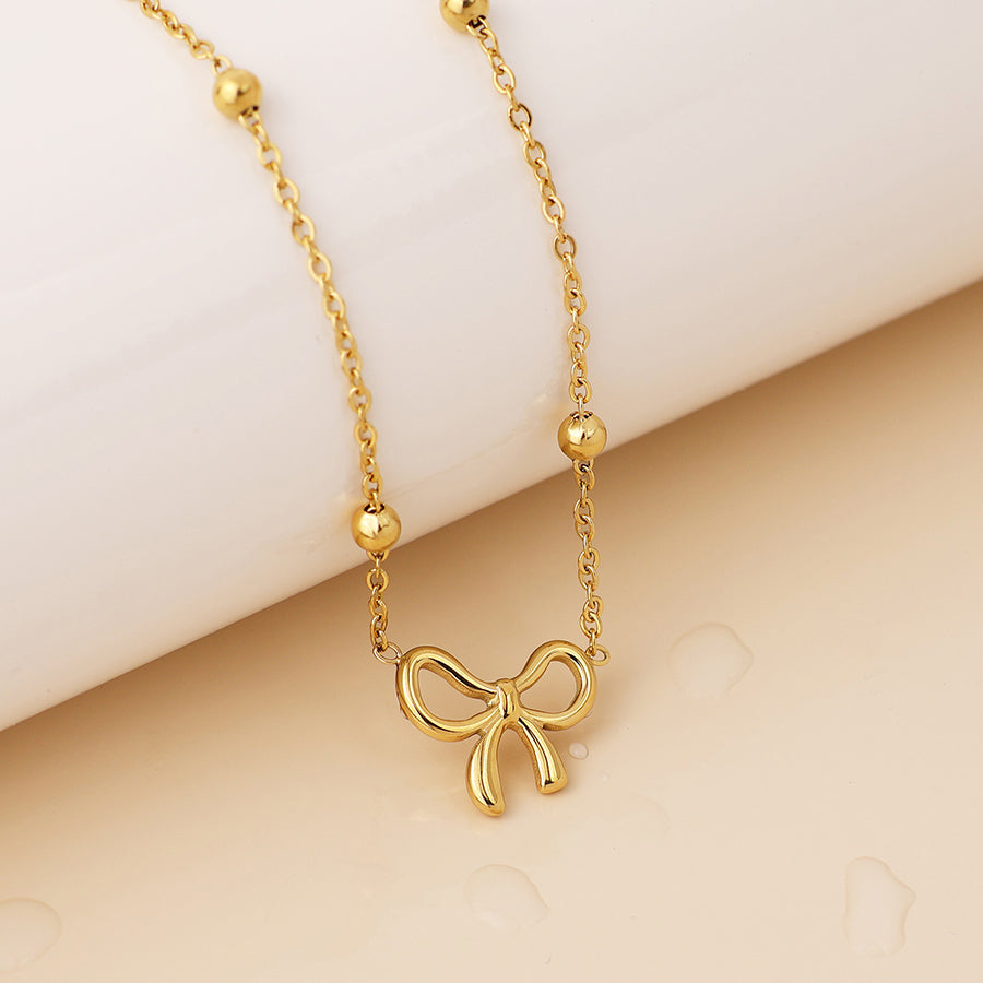 POM - Waterproof Gold Plated Bead Chain & Bow Necklace