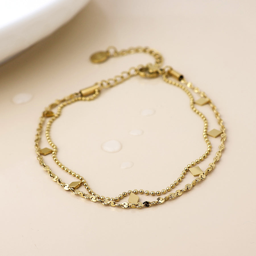 POM - Waterproof Gold Plated Layered Chains & Diamond Charms Bracelet