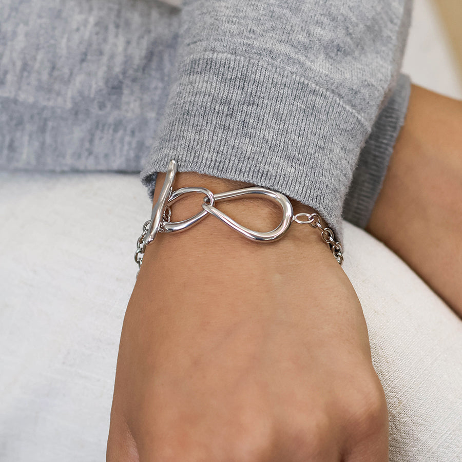 POM - Moebius Stainless Steel Platinum Plated Infinity Teardrops T-Bar Bracelet