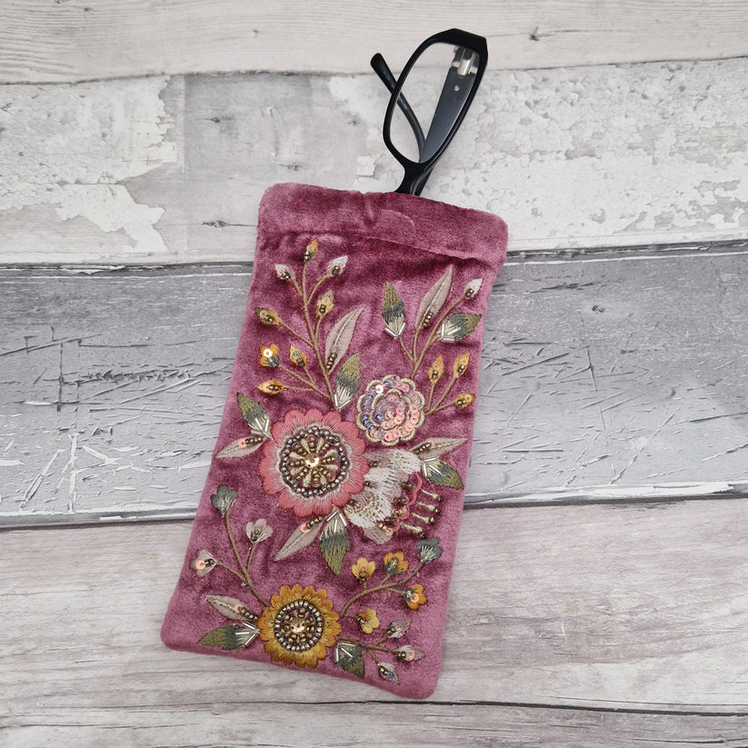 POM - Pink Velvet Glasses Case / Phone Pouch with Sequin Flower Design