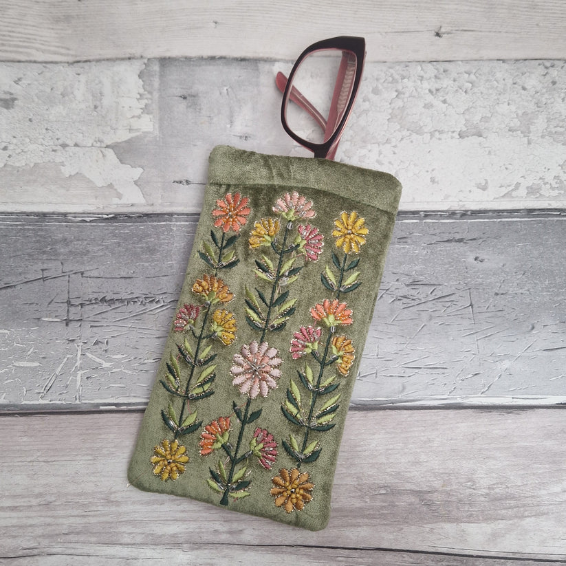 POM - Basil Green Velvet Glasses Case with Embroidered Gerbera Bloom