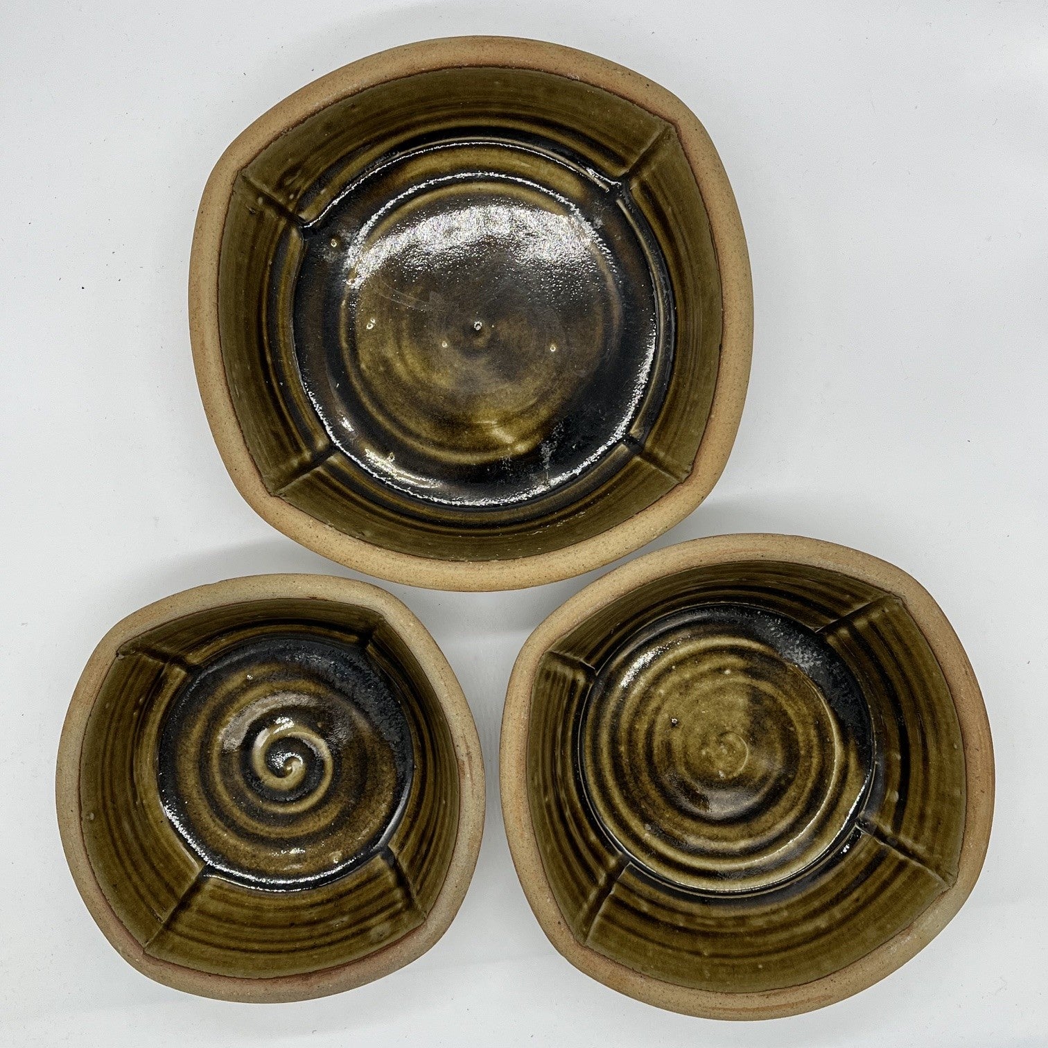 Studio Pottery Set of 3 Swirl  Design Stacking Bowls