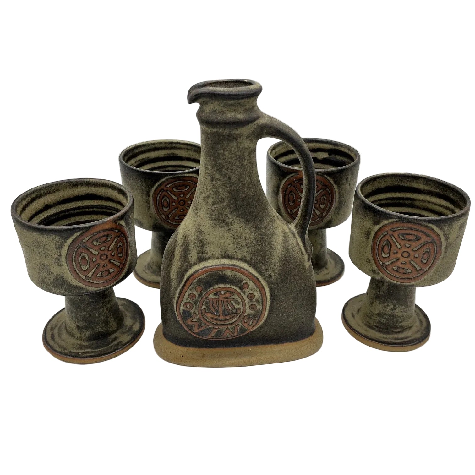 Studio Pottery Tremar Studio Pottery Wine Carafe 4 Goblets Nautical