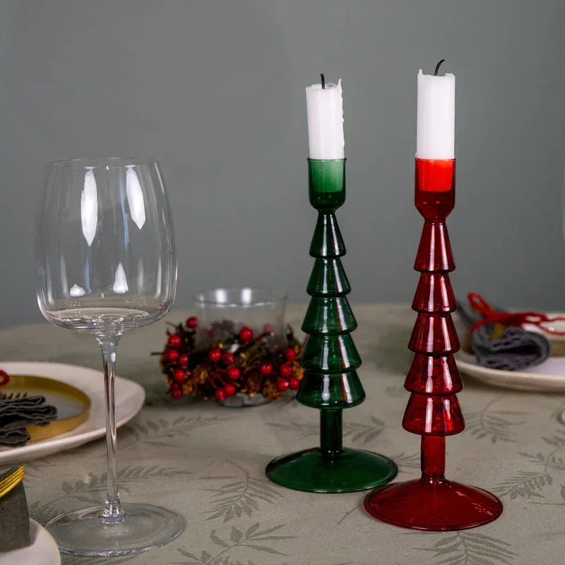 Glass Christmas Tree Shaped Candle Holder - Green
