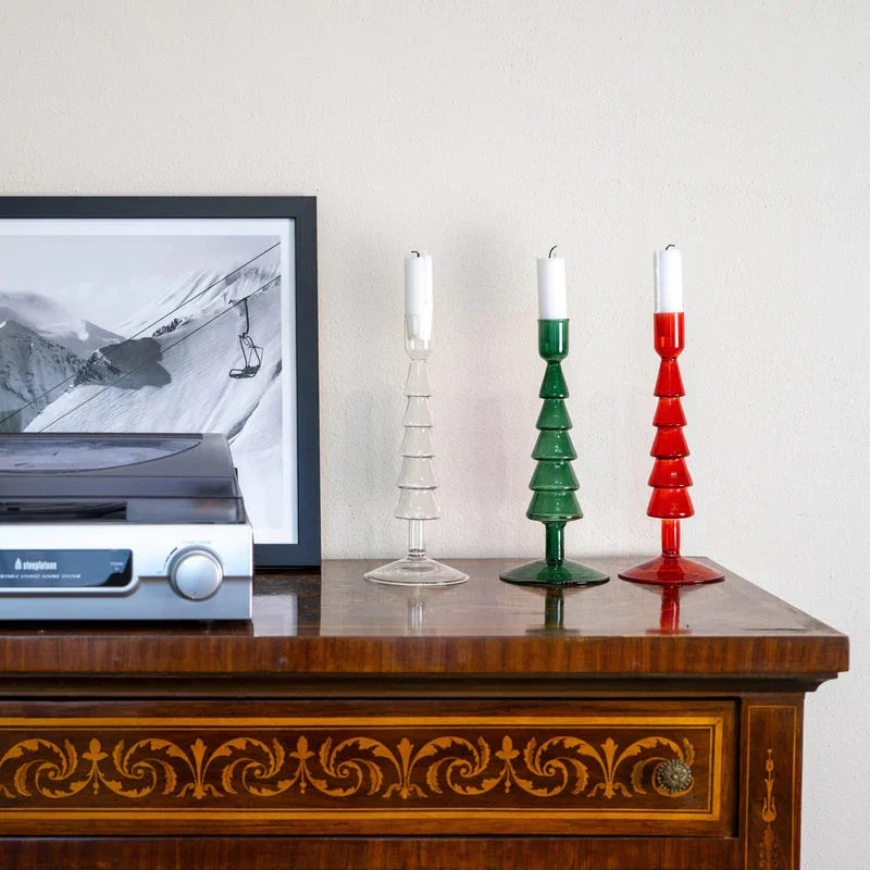 Glass Christmas Tree Shaped Candle Holder - Green