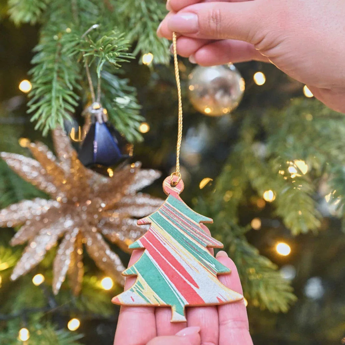 Festive Mix Hand Marbled Tree Shape Christmas Decoration Christmas Card