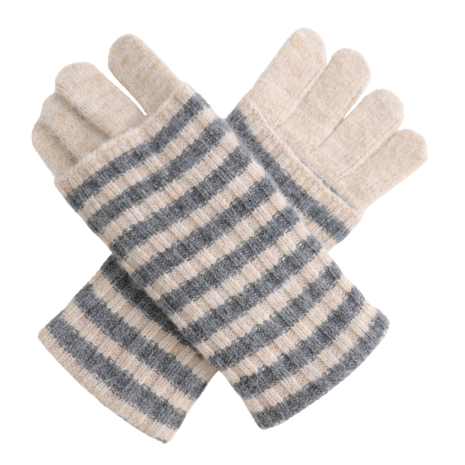 Double Layer Striped Gloves - Grey/Cream