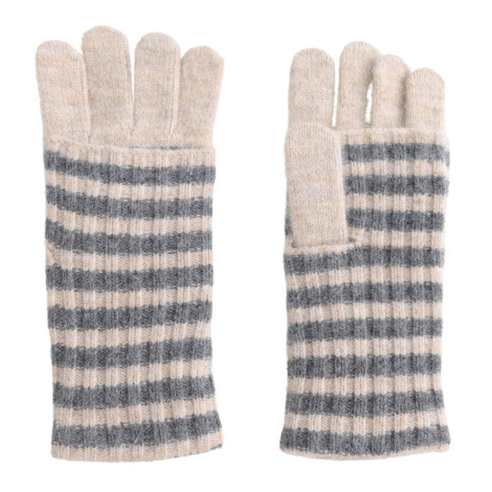 Double Layer Striped Gloves - Grey/Cream
