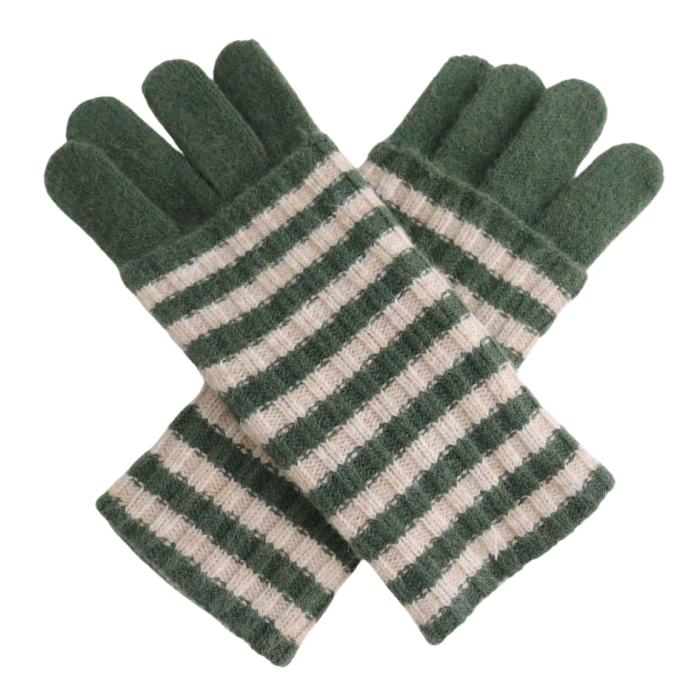 Double Layer Striped Gloves - Forest Green/Cream