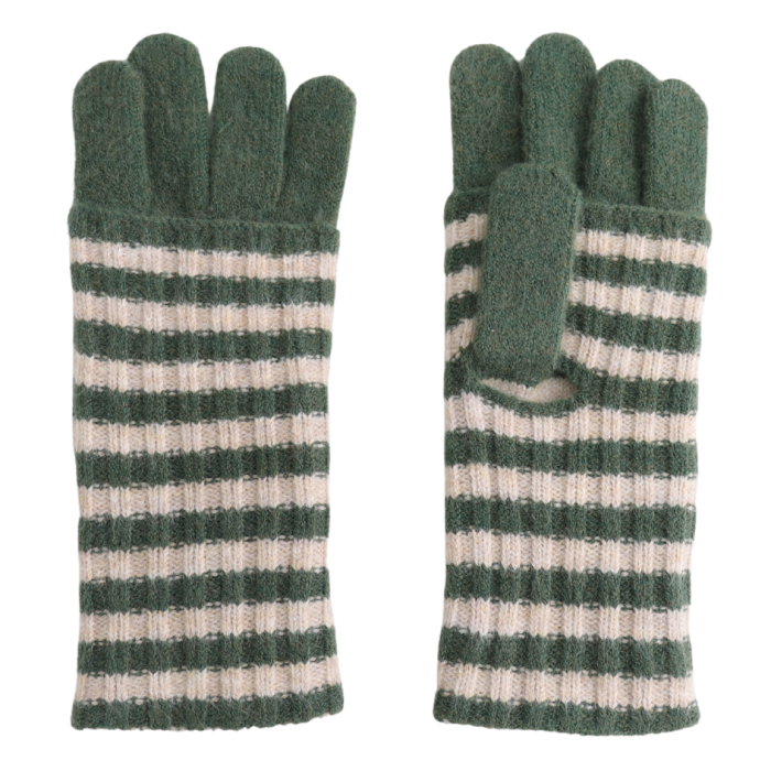 Double Layer Striped Gloves - Forest Green/Cream