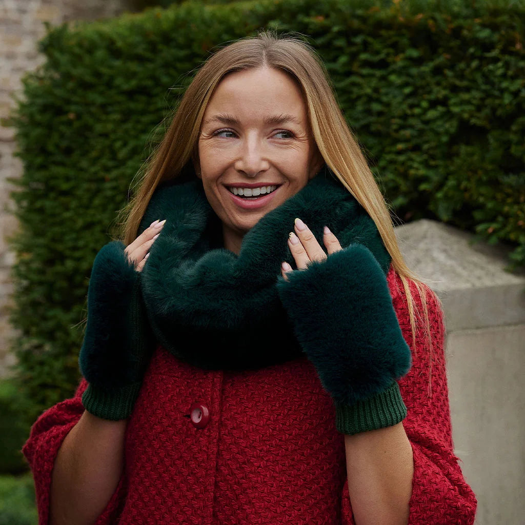 Faux Fur Fingerless Gloves - Emerald Green