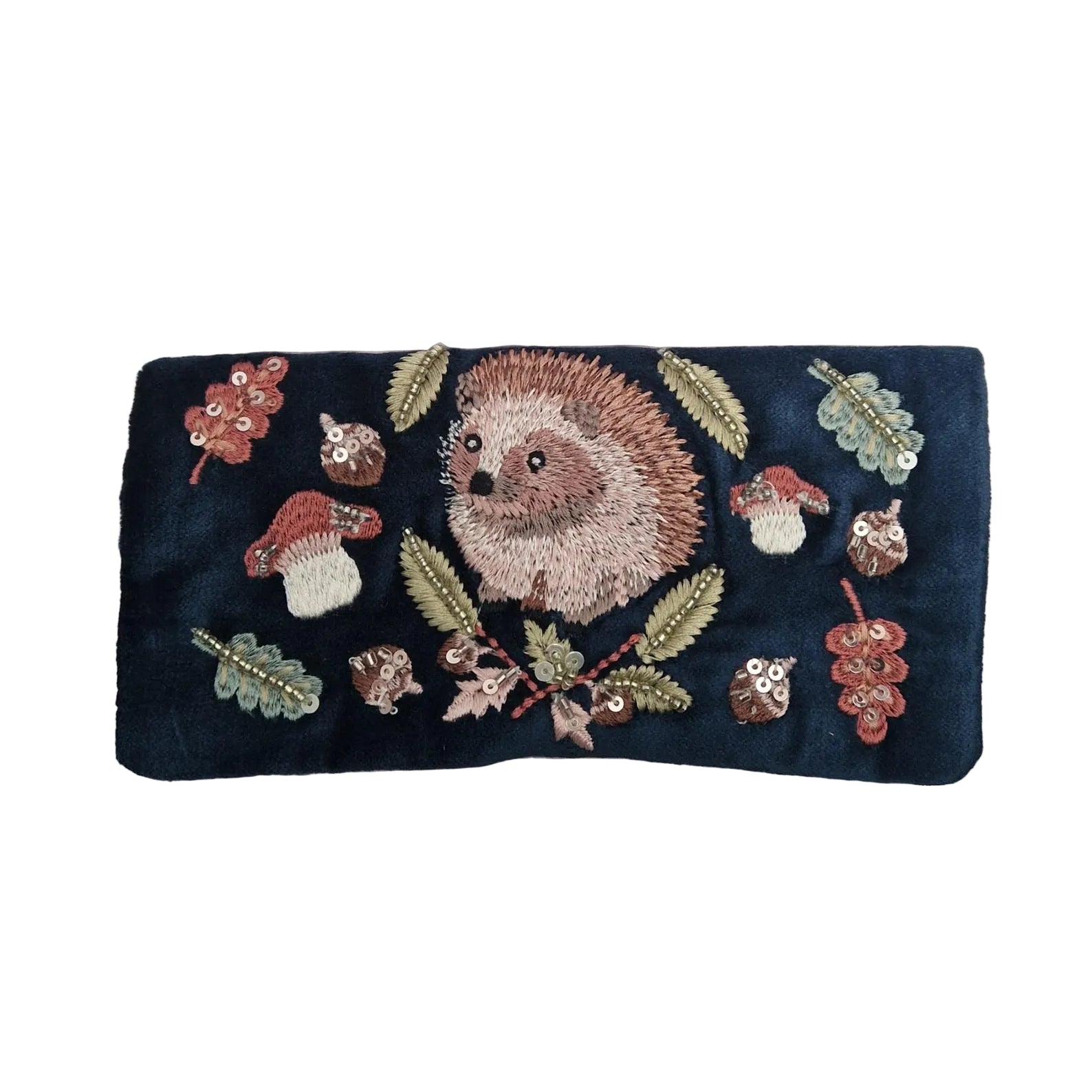 Dark Teal Velvet Jewellery Roll With Embroidered Hedgehog
