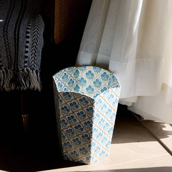 Paper Mirchi - Block Printed Waste Paper Basket - Trellis Indigo