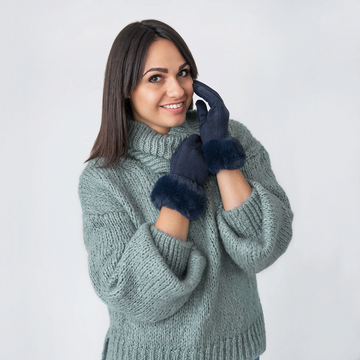 Hazel Gloves with Faux Fur Edge - Navy